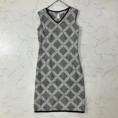 美品 UNITED ARROWS ユナイテッドアローズ 日本製 異素材 パターン柄 ダーツ ジップ Vネック 麻混 ノースリーブ ひざ丈 ワンピース 38