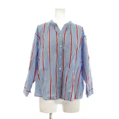 スタディオクリップ Studio Clip シャツ ブラウス M 青 ライトブルー 赤 レッド ストライプ柄 ノーカラー 長袖 /GR ■GY58