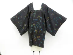 【一輝堂】道行コート 紬織 花 ポケット付き 正絹 着物 美品 身丈約87cm 裄丈62.5cm 26z01-268