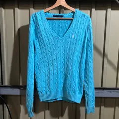 1604 RALPH LAUREN SPORT セーター 水色 XL ラルフローレンスポーツ ニット ケーブル編み ワンポイント 刺繍ロゴ ポロポニー 古着卸 アメリカ仕入