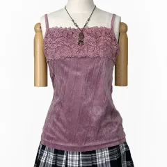 日本ヴィンテージ広めスクエアレースStarship Square スタシツアーベルベットキャミソールTシャツスリップライトパープル森ガールはぐみLook ギャル y2k