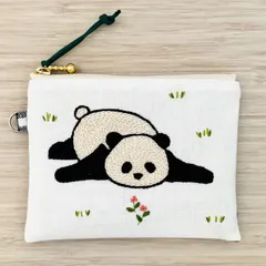 寝そべりパンダの手刺繍、12センチフラットファスナーポーチ