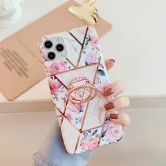 iPhone11Pro 背面ケース ケース カバー ラグジュアリー マーブル フラワー 花 メッキ ホールドリング スタンド機能 おしゃれ 可愛い