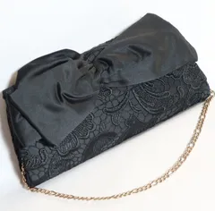 【極美品】インゲボルグ★繊細レース＆大きなおリボン　パーティバッグ　黒系　オケージョンに◎＊ba022