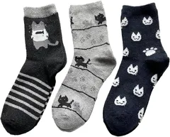 モードセレクト ソックス レディース あったか 3足 ねこ柄 靴下 厚手 冬 パイルソックス 毛混 防寒 3足セット 柄お任せ G25 (ブラック/グレー,  22.0-24.0 cm)