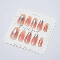 ゴージャス ネイルチップ, グラデーション キャットアイ デザイン, ピンクベージュ, ゴールド装飾付き, パーティー用 プレスオン ネイル セット