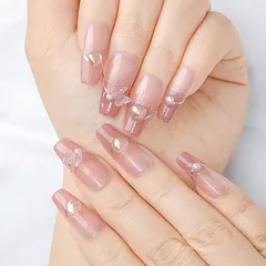 Sethexy 手作りネイルチップ10枚入り ロングコフィンチップ グラデーション 立体レリーフ 蝶結び プレスオンネイル ラインストーン つけ爪 クリア ハート柄 3D爪 パール ヌードカラー 付け爪 蝶々 フェイクネイル おしゃれ 大さい爪用 グリッター 