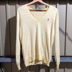 1608 Ralph Lauren セーター イエロー L ラルフローレン ニット コットン ワンポイント 刺繍ロゴ ポロポニー ボーダー柄 古着卸 アメリカ仕入