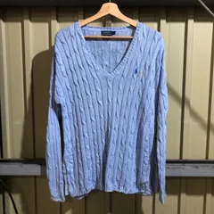 1609 POLO RALPH LAUREN セーター 水色 M ポロラルフローレン ニット コットン ケーブル編み ワンポイント 刺繍ロゴ ポロポニー 古着卸 アメリカ仕入