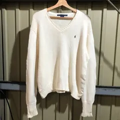 1610 RALPH LAUREN SPORT セーター アイボリー M〜L ラルフローレンスポーツ ニット コットン ワンポイント 刺繍ロゴ ポロポニー 古着卸 アメリカ仕入