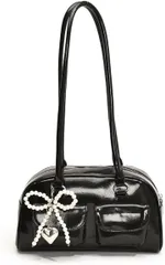 ａｄｚｕ ミニボストンバッグ y2k ハンドバッグ ショルダーバッグ リボン レディース 横長 大容量 肩掛け (ブラック)