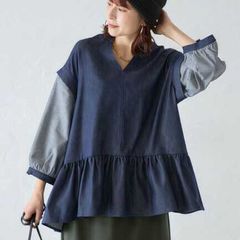 585.藍染めチュニック、絞り染め 手染め 単色 シャツからリメイク 