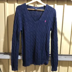 1612 RALPH LAUREN SPORT セーター ネイビー L ラルフローレンスポーツ ニット コットン ケーブル編み ワンポイント 刺繍ロゴ ポロポニー  古着卸 アメリカ仕入