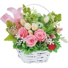 【ギフト】[造花]プリザーブドフラワー籠入り ピンク