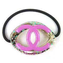 極美品△CHANEL シャネル A21P AB6087 ココマーク ヘアゴム 髪留め ヘアアクセサリー パープル グリーン系 ゴールド金具 フランス製 レディース