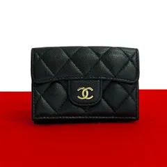 極 美品 シール有 ランダム番台 CHANEL シャネル マトラッセ ココマーク キャビアスキン レザー 本革 三つ折り財布 ブラック 35357