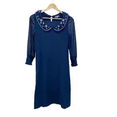 トゥービーシック ワンピース サイズ42 L レディース - ブルー クルーネック/長袖/ロング/ニット/襟取り外し可/ビーズ/シースルー