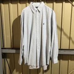 1617 Ralph Lauren 長袖シャツ ホワイト ブルー 34/35 L〜XL ラルフローレン チェック柄 ワンポイント 刺繍ロゴ ポロポニー 古着卸 アメリカ仕入