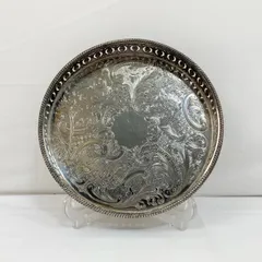 アンティーク 彫刻 円形 ギャラリートレイ トレー SILVER PLATED ON COPPER 英国製