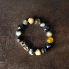SGYP254 ミックスタイガーアイ × 真鍮 ブレスレット｜黄虎眼石・青虎眼石｜一点もの｜ユニセックス｜ハンドメイド 数量限定 一点もの 手作り プレゼント おしゃれ 誕生日 ギフトにもおすすめ レトロデザイン