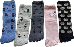 モードセレクト 5本指靴下 レディース 猫柄 5本指ソックス 綿混 夏 冬 可愛い ねこ柄 おしゃれ 5足セット 柄おまかせ P27 (マルチカラー,  22-24cm)