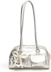 ａｄｚｕ ミニボストンバッグ y2k ハンドバッグ ショルダーバッグ リボン レディース 横長 大容量 肩掛け (シルバー)