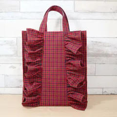 フリル付き ファミリア風 赤チェック タータンチェック マチありポケット付き　紙袋型トートバッグ　紙袋風バッグ　通勤バッグ　A4対応　サブバッグ　四角いトート　大人ナチュラル 上品かわいい お出かけにも便利 ハンドメイド
