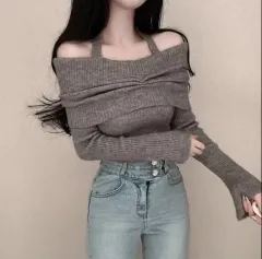 ably ホルターネック オフショルダー ゴージ クロップド ボドル ニット グレー