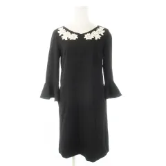 ジルバイジルスチュアート JILL by JILLSTUART ワンピース ひざ丈 七分袖 Vネック ワンポイント レース パール S 黒 ブラック /CK30 ■GY44