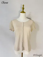 美品★★Rene /ルネ カーディガン 38 ベージュリボン パールボタン Rロゴプレート 半袖トップス★クリーニング済★上品で軽やかチュールスリーブ素材袖