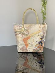帯リメイクバッグ 純プラチナ箔 花菱紋様 トートバッグ 和装バッグ