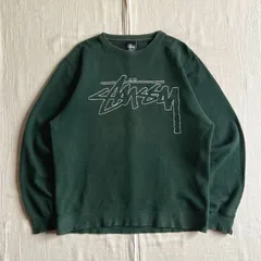 希少　archive　旧タグ　stussy　ステューシー　ストックロゴ　白抜きデカロゴ刺繍　フェード　ダークグリーン　スウェット　トレーナー　袖口ロゴタグ　ショーンフォントロゴ×SSリンク　M　stock logo embroidery sweat shirt