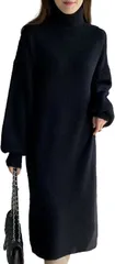 J-Scott ワンピース レディース ニット タートルネック ドロップショルダー ミディ丈 着まわし エレガント 伸縮性 コンサバ ぽわん袖 ルーム 簡単お手入れ 女性用 大人用 カバー きれいめ きちんと感 (ブラック,  XL)