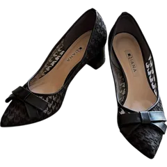 DIANA  ダイアナ パンプス ブラック 太ヒール 靴 中古 ブラック 黒 レディース 日本製 23.5 千鳥格子 美品【ZK88】