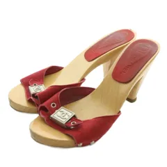 シャネル CHANEL ミュール スエード オープントゥ ウッドソール ココマーク 36 23cm 赤 レッド ベージュ /XZ ■GY19