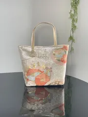 帯リメイクバッグ　佐賀錦　丸文に花文様　トートバッグ Mサイズ 和装バッグ