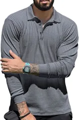 amatsu 長袖ポロシャツ メンズ 無地ストライプ スリムフィット 伸縮 クールビズ ポリエステル (グレー,  L)