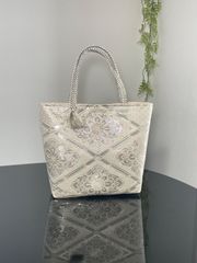 帯リメイクバッグ 純プラチナ箔 花菱紋様 トートバッグ 和装バッグ