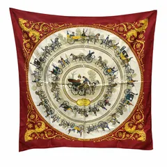 372 シルクスカーフ 大判 馬車柄 クラシックデザイン 88×88cm ボルドー系