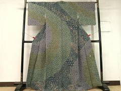 未着用 付け下げ 枝垂れ模様 蔦 リーフ 市松 紋無し 着物 013b d ms 