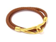 HERMES エルメス チョーカー ジャンボ ブラウン レザー メタル ユニセックス 編み込み ゴールド金具 2連 ブレスレット 美品【本物保証】 HERMES エルメス チョーカー ジャンボ ブラウン レザー メタル ユニ