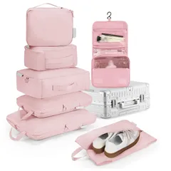 衣類仕分け 旅行用ポーチ 7点セット 撥水加工 圧縮 スペース節約 便利グッズ 整理 衣類 出張 旅行用 ピンク