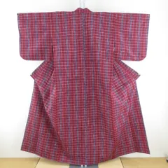 ウール着物 単衣 赤ピンク色ｘ青色ｘ深緑色 格子模様 バチ衿 カジュアルきもの 普段着物 仕立て上がり 身丈155cm