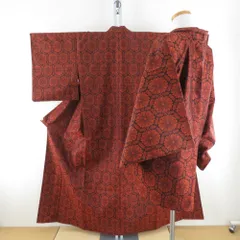 ウール着物 アンサンブル 着物と羽織2点セット 単衣 黒色ｘオレンジ色 亀甲に菊模様 バチ衿 カジュアルきもの 普段着物 身丈156cm