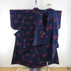 ウール着物 アンサンブル 着物と羽織2点セット 単衣 紺色ｘオレンジ色ｘ緑色 花模様 バチ衿 カジュアルきもの 身丈151cm