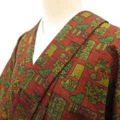 ウール着物 単衣仕立て 朱地 壷デザイン バチ衿 しつけ糸付き カジュアルきもの 普段着物 ウールきもの 和洋ミックス 身丈156.2cm