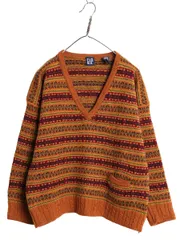 【お得なクーポン配布中!】 90s オールド ギャップ Vネック ニット セーター レディース L / 古着 ウール ポケット付き フェアアイル 総柄 マルチカラー ミドルゲージ