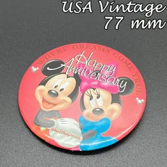 缶バッチ　ビンテージ　輸入 アメリカ 『 ウォルト ディズニー ワールド ハッピー アニバーサリー ミッキー ミニー 』 当時物　ヴィンテージ　バッジ　ピン　※ メッセージ　ノベルティー　キャンペーン　( BAT3171 )