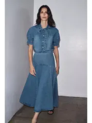 ザラ ZWコレクション デニムスカート ミディ丈 Mサイズ ブルー (9863/240)