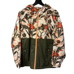 C440 Columbia（コロンビア）アウトドア ウィンドブレーカー（レインジャケット） Switchback オレンジ ボタニカル 花・植物プリント ダークグリーン バイカラーデザイン XLサイズ